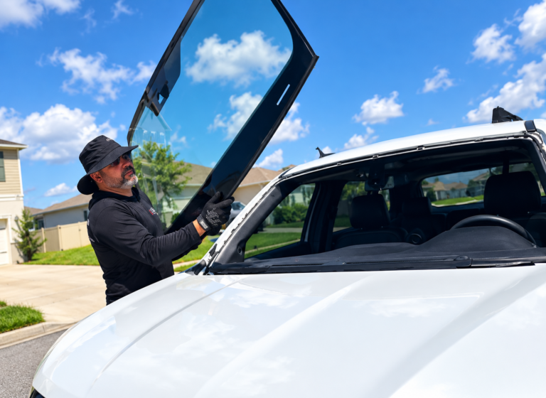 Windshield install in a driveway