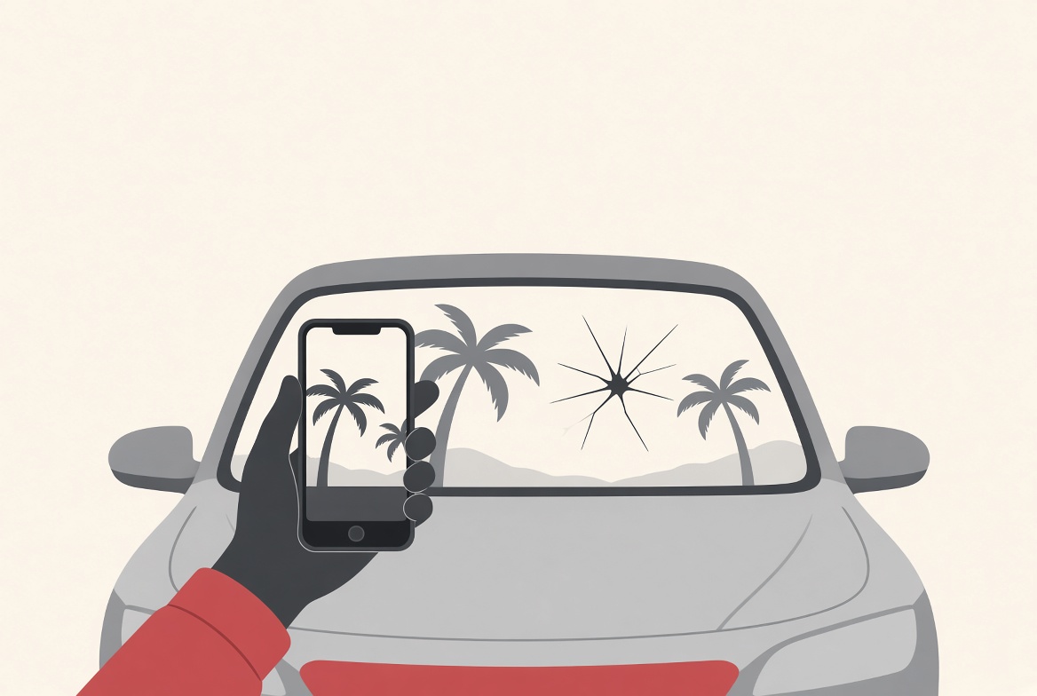 Phone photographing a cracked windshield
