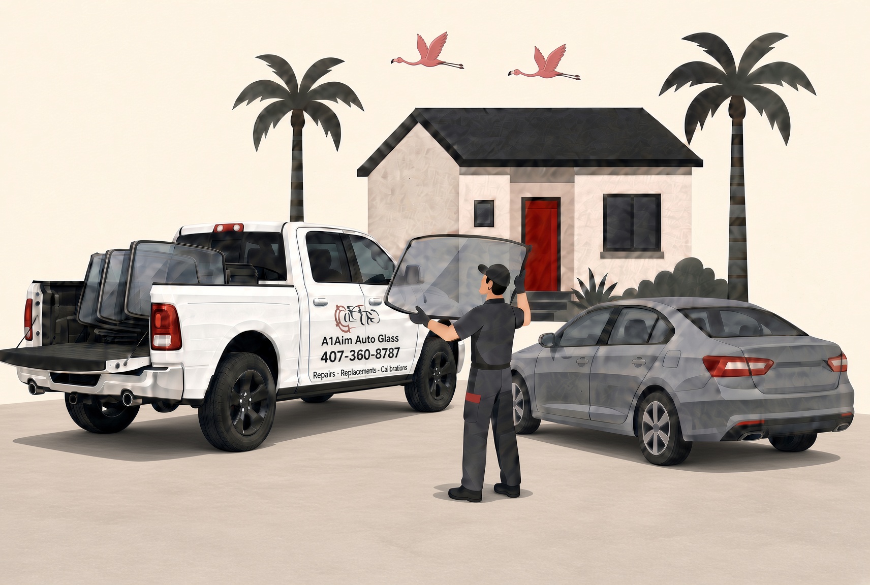 White Ram 1500 unloading a windshield in a driveway