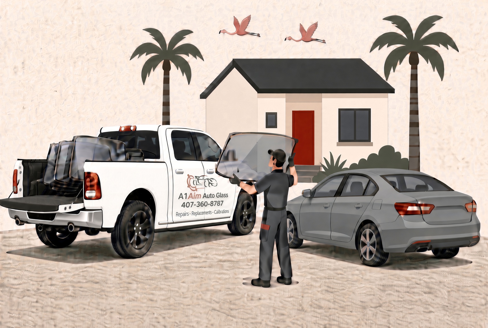 White Ram 1500 unloading a windshield in a driveway