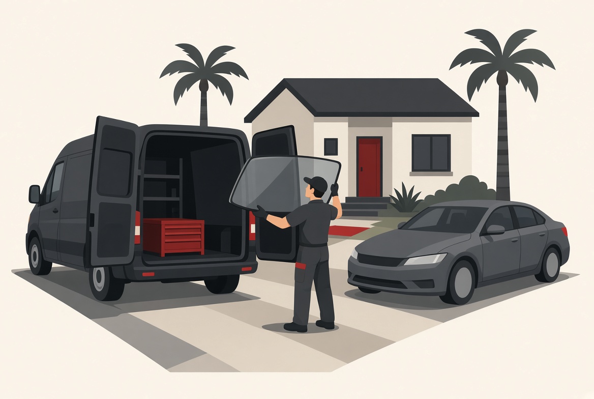 Mobile glass van unloading a windshield in a driveway